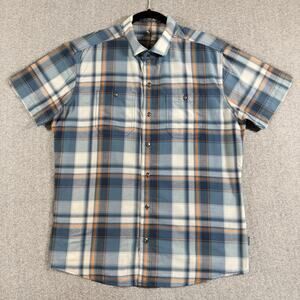 Kuhl Shirt Mens Large Blue Orange Plaid Short Sleeve Button Up Outdoor Hiking